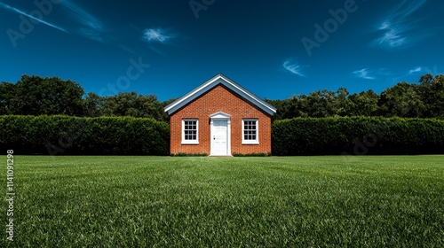Wallpaper Mural A small rural school building with red brick walls and a white wooden door, surrounded by lush green grass under a bright blue sky Torontodigital.ca