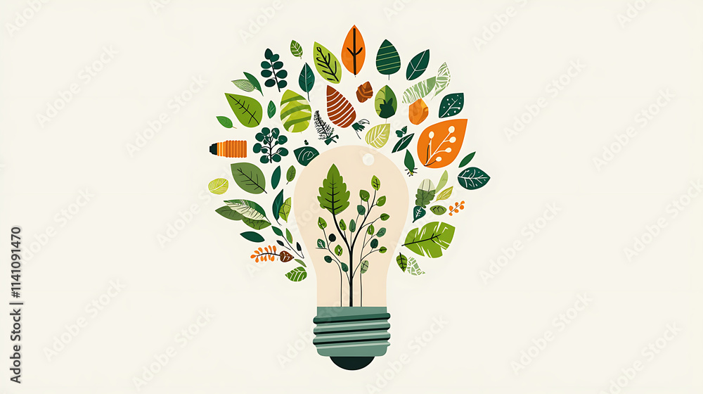 light bulb filled with greenery and leaves symbolizes ideas and growth. This vibrant illustration represents nature and innovation