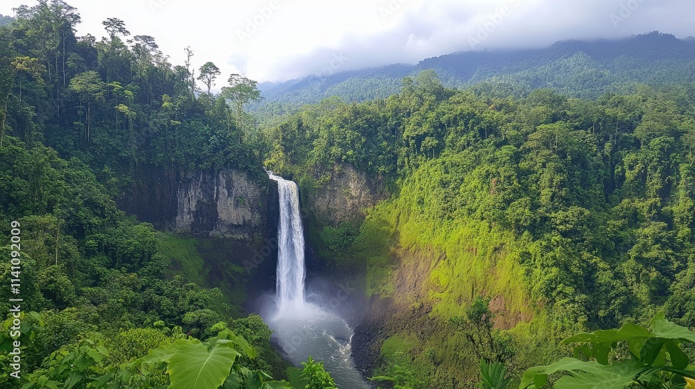Majestic waterfall cascading into a tranquil forest pool surrounded by lush green moss and rocky cliffs Majestic waterfall cascading into a tranquil forest pool surrounded by lush green moss and rocky cliffs