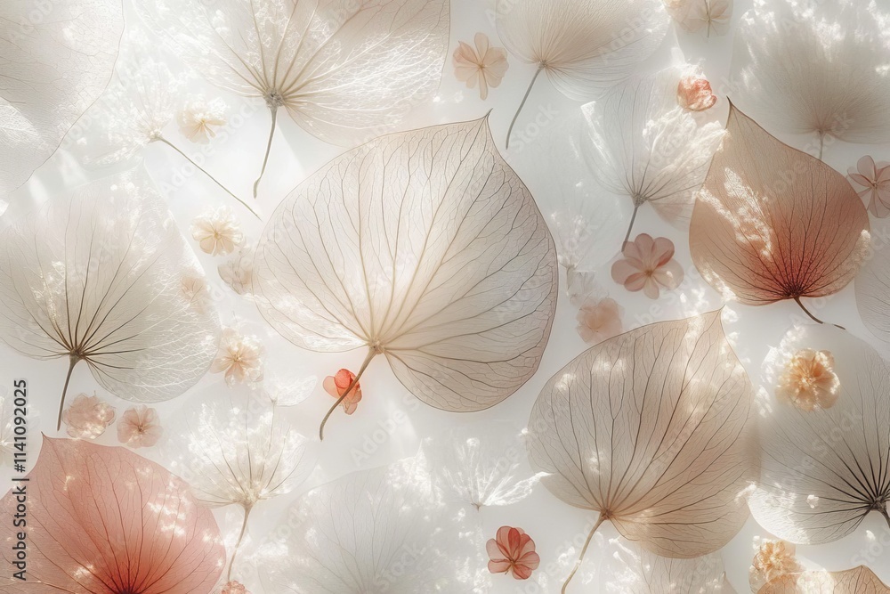 Backlit delicate leaves and flowers, pastel colors, soft light, nature background. Backlit delicate leaves and flowers, pastel colors, soft light, nature background.