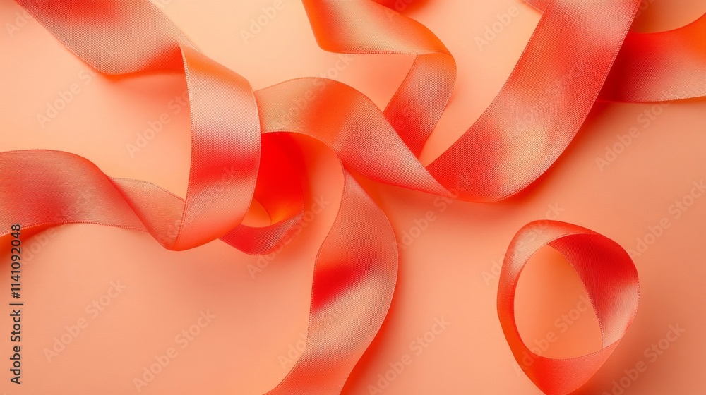 Coral Satin Ribbons Arranged On Peach Background