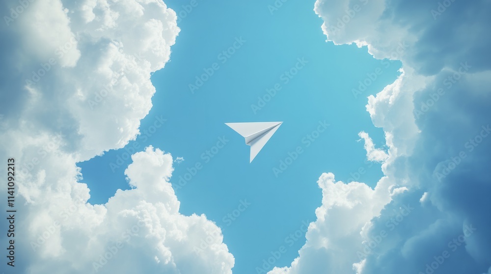 Paper airplane seen from below flying towards a vast open blue sky, generative ai