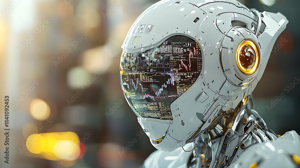 Abstract robot face with stock market charts reflecting futuristic technology and data analysis, showcasing innovation and finance Abstract robot face with stock market charts reflecting futuristic technology and data analysis, showcasing innovation and finance