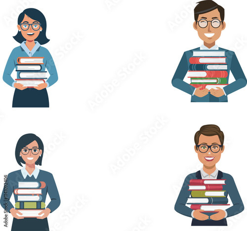 Illustration of Male and Female Librarians Holding Stacks of Books