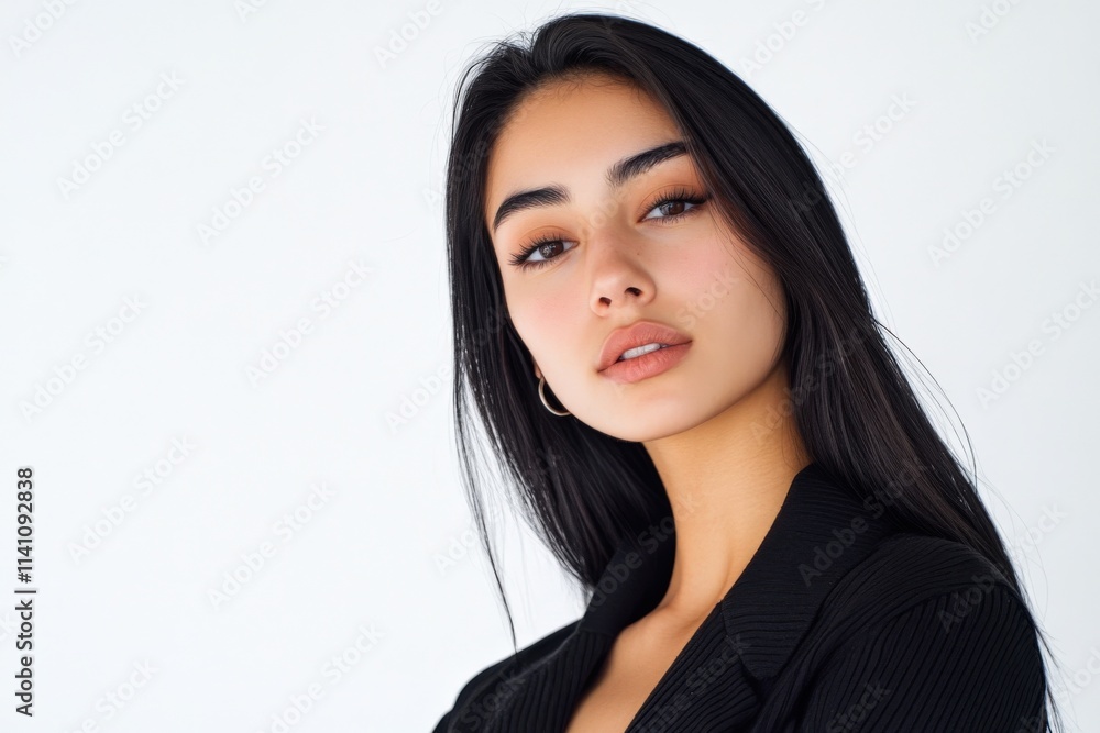 Elegant Portrait of a Young Woman with Long Dark Hair Against a Minimalist Background Elegant Portrait of a Young Woman with Long Dark Hair Against a Minimalist Background