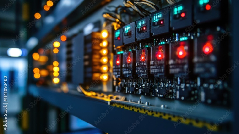 Naklejka premium An electronic circuit panel with flashing indicator lights showing machine learning operations focusing on a specific area where anomalies are flagged in real time.