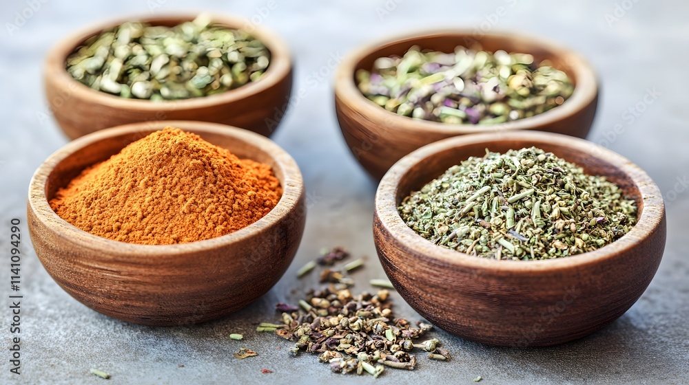 Four bowls of various spices and herbs arranged on a surface for culinary use. Four bowls of various spices and herbs arranged on a surface for culinary use.