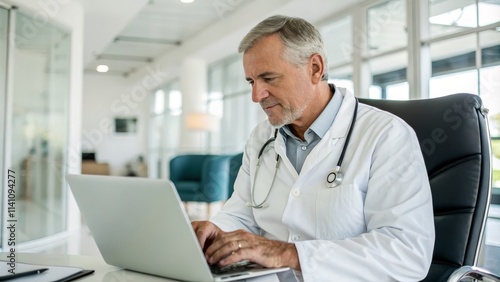 Mature Doctor Working on Laptop in Bright Office, Telemedicine