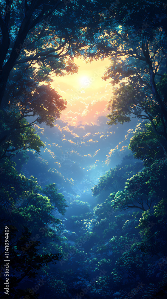 Fototapeta premium a tranquil forest at dusk with soft light filtering through the trees and