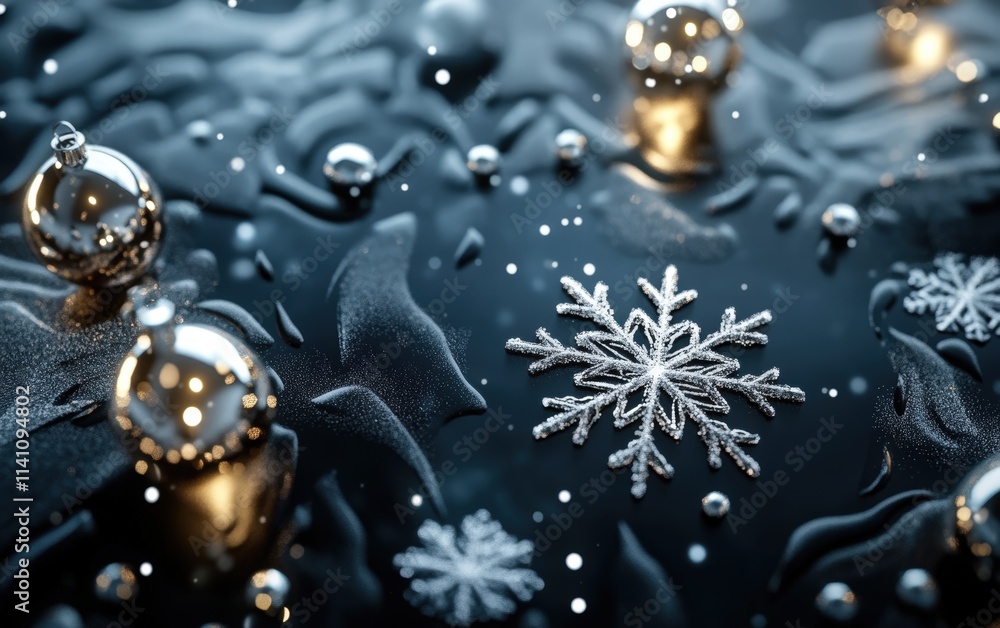 Fototapeta premium A frosty winter scene with glowing snowflake ornaments, icy patterns, and shimmering metallic baubles on a matte black surface