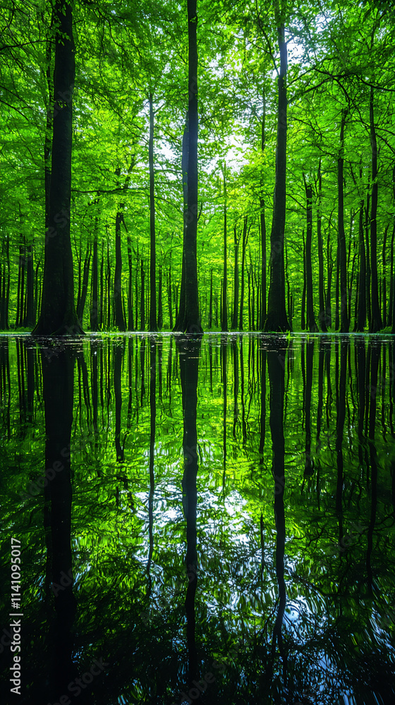 a tranquil forest reflection with still waters and soft, calming colors, a tranquil forest reflection with still waters and soft, calming colors,