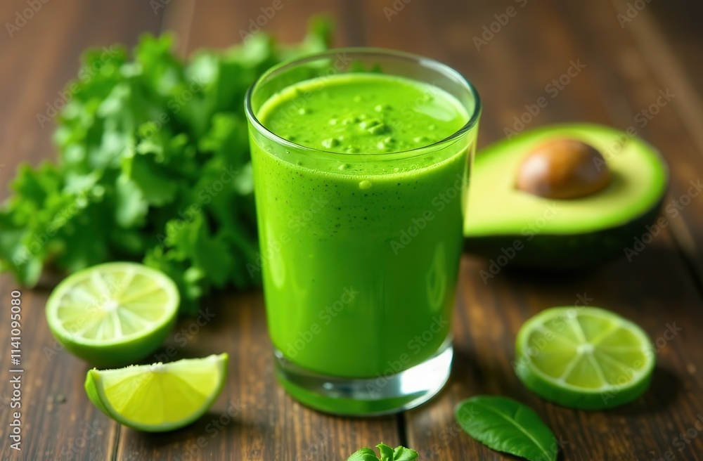 Fresh green smoothie with avocado and lime on wooden table Fresh green smoothie with avocado and lime on wooden table