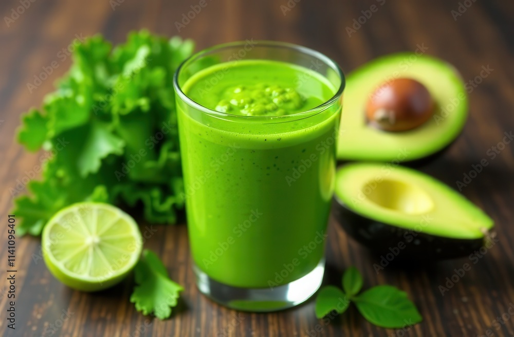 Fresh green smoothie with avocado, lime, and lettuce Fresh green smoothie with avocado, lime, and lettuce
