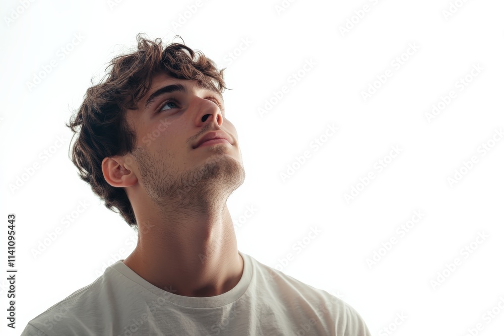 Fototapeta premium Young Man Gazing Upwards with Hopeful Expression Against a Bright Background