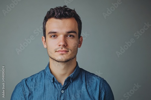 Confident Young Man in Casual Denim Shirt Against Neutral Background