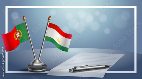 Portugal and Tajikistan National flags on small table with bokeh background, cooperative relationship