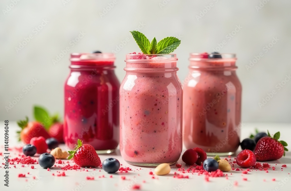 Three berry smoothies in jars with fresh raspberries and mint garnish Three berry smoothies in jars with fresh raspberries and mint garnish