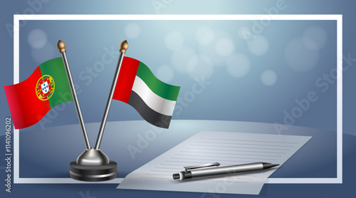 Portugal and United Arab Emirates National flags on small table with bokeh background, cooperative relationship
