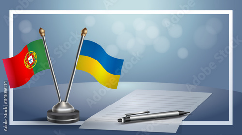 Portugal and Ukraine National flags on small table with bokeh background, cooperative relationship