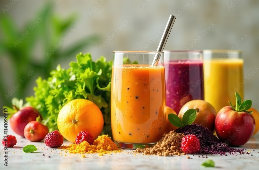Colorful fresh smoothies with fruits and vegetables on marble table Colorful fresh smoothies with fruits and vegetables on marble table