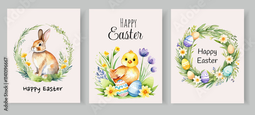 Happy Easter! Vector cute watercolor illustrations of  a Easter Bunny, easter wreath with colorful eggs, little chick in the meadow grass with flowers for greeting card, poster or background