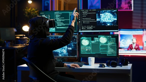 Hacker using virtual reality headset to code malware exploiting network backdoors, bypassing security measures such as logins and password protections using futuristic VR goggles tech, camera A