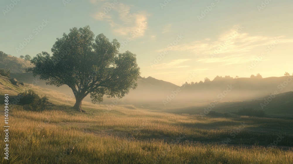 Serene sunrise over misty valley with lone tree. (1) Serene sunrise over misty valley with lone tree. (1)