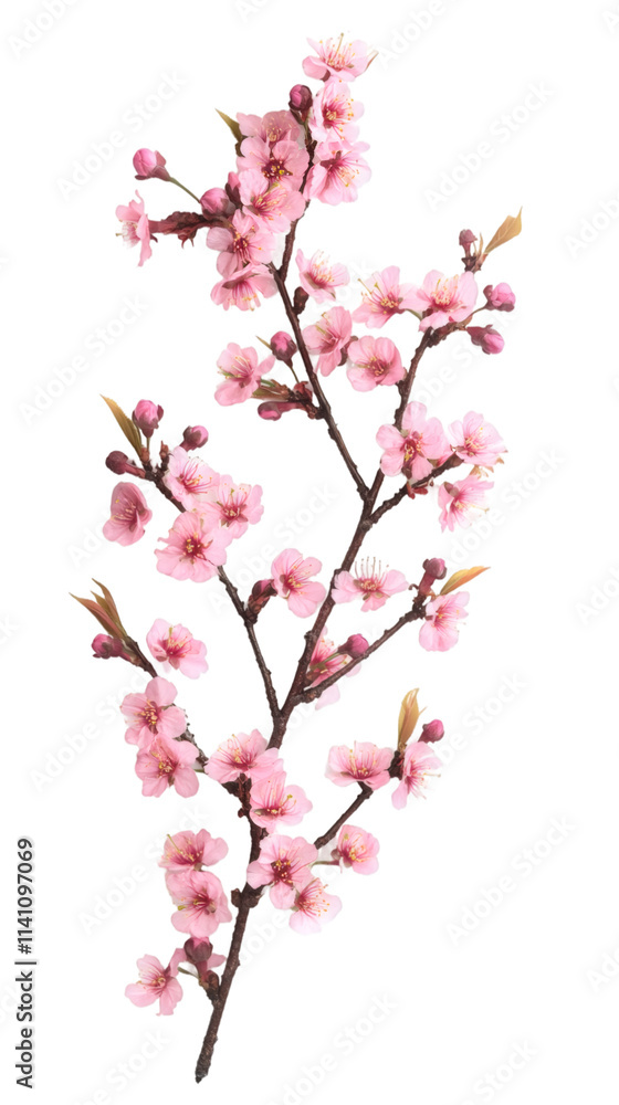 Pink cherry blossom branch blooming on a transparent background, perfect for spring and nature-themed designs Pink cherry blossom branch blooming on a transparent background, perfect for spring and nature-themed designs