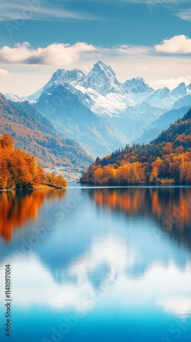 beautiful lake surrounded by mountains in autumn with copy space vertically 9:16