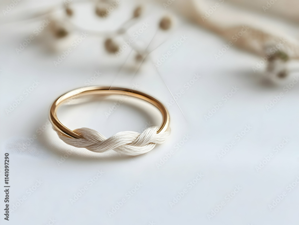 Elegant gold ring with a braided white band, on a white background. Elegant gold ring with a braided white band, on a white background.