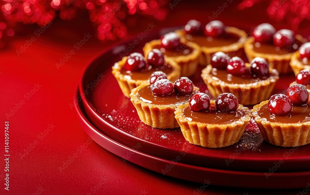A sleek plate of holiday-themed mini tarts topped with shimmering caramel and sugared cranberries on a bold red table A sleek plate of holiday-themed mini tarts topped with shimmering caramel and sugared cranberries on a bold red table