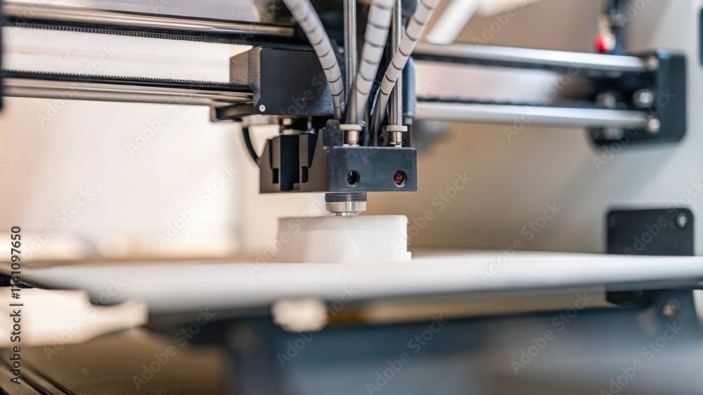 A closeup of a 3D printer integrated into a modular unit exemplifying tingedge technology being employed within a flexible manufacturing system for rapid prototyping. A closeup of a 3D printer integrated into a modular unit exemplifying tingedge technology being employed within a flexible manufacturing system for rapid prototyping.