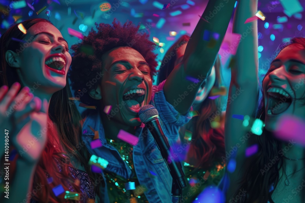 Diverse group sings at karaoke club promoting unity and joy. Diverse group sings at karaoke club promoting unity and joy.
