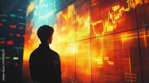 Silhouette of person observing financial data on large wall-mounted displays showing market trends and stock charts.