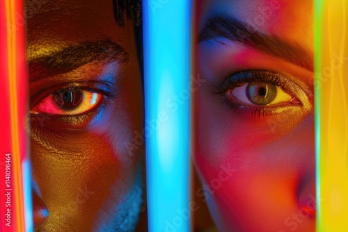 Diverse eyes on neon background symbolize equality and unity. photo