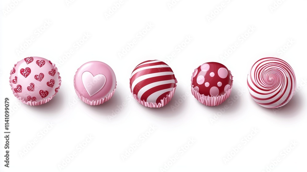 Fototapeta premium Wrapped Valentine candies with vector patterns, pink and red colors, isolated white background