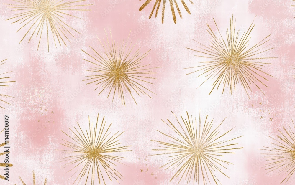 A chic festive design featuring metallic gold starbursts and soft frosted patterns over a pastel pink background A chic festive design featuring metallic gold starbursts and soft frosted patterns over a pastel pink background