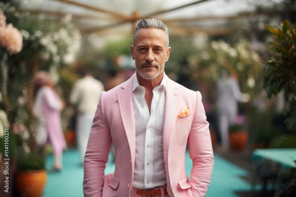 Portrait of a handsome mature man in a pink suit posing in a garden. Portrait of a handsome mature man in a pink suit posing in a garden.