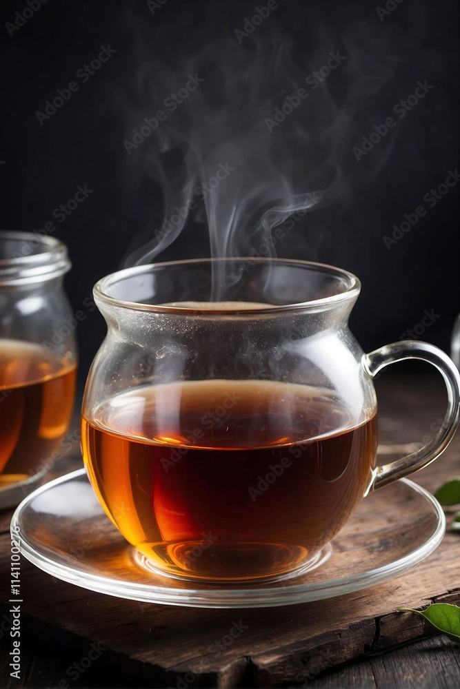 Hot tea served in a glass cup with steam rising in a cozy setting during the evening
