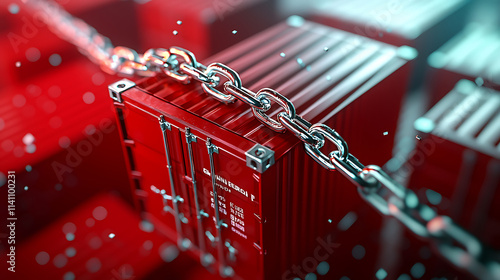 broken chain blocking shipping container symbolizes disruption and security. vibrant red containers contrast with metallic chain photo