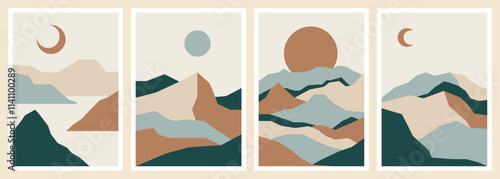 Abstract landscape backgrounds. Contemporary wall decor, bohemian posters of mountains, sun and moon. Vector art print. photo