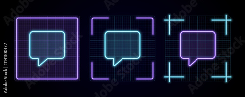 Chat comment icon illustration, cyber neon visual, glowing border grid vector.