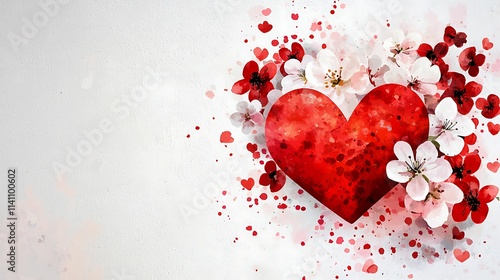 Valentine's Day cards printable. A vibrant red heart surrounded by delicate flowers and petals, symbolizing love and romance on a soft, textured background.