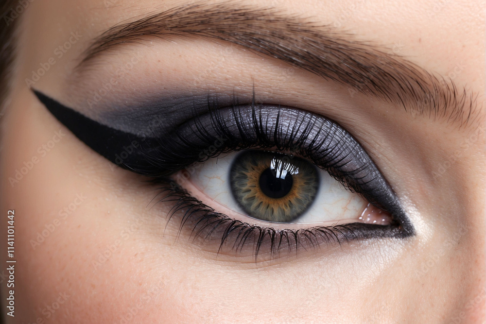 Obraz premium Stunning close-up of dramatic eye makeup showcasing bold eyeliner and vibrant colors