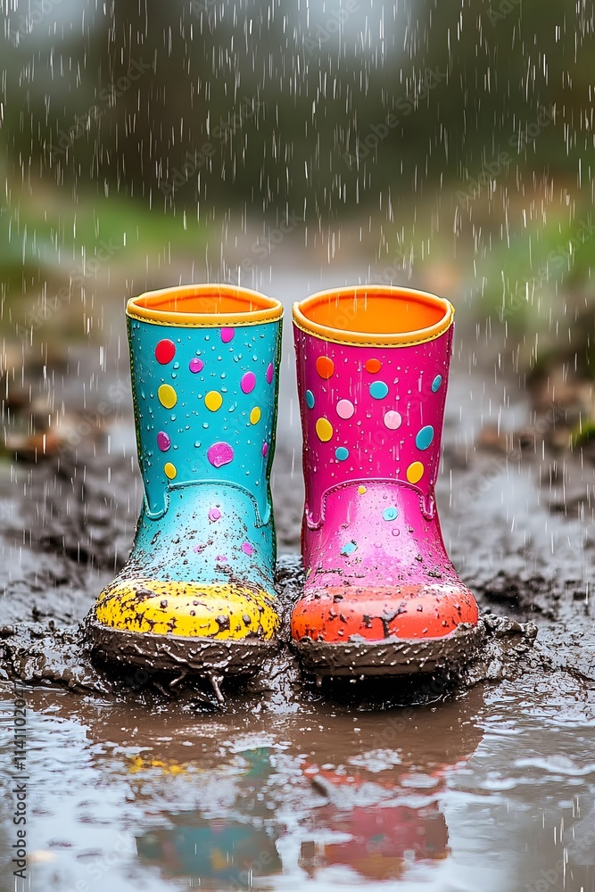 Colorful rain boots in a muddy puddle, capturing a playful, rainy day atmosphere. Colorful rain boots in a muddy puddle, capturing a playful, rainy day atmosphere.