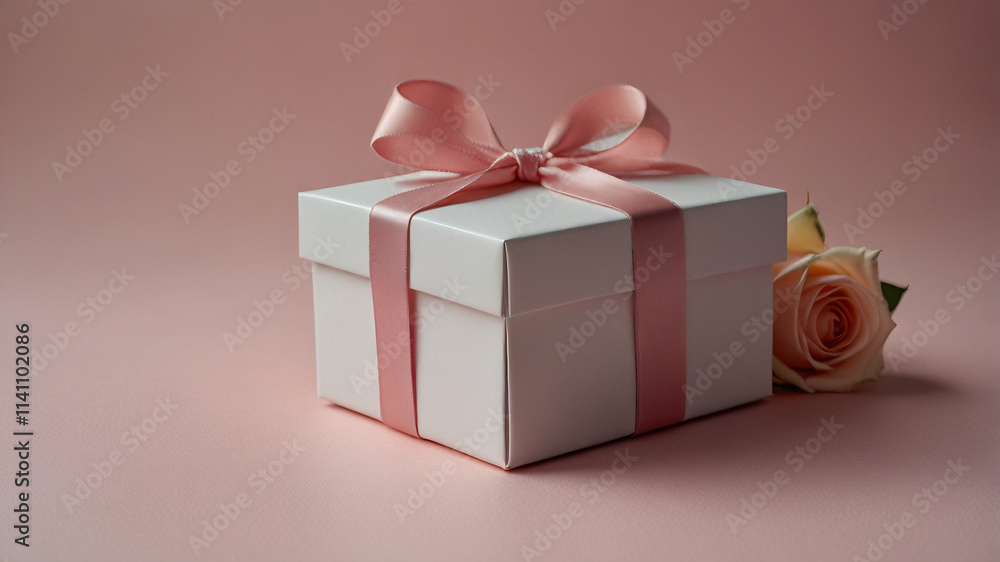Obraz premium White gift box with pink ribbon and a delicate pink rose placed beside it on a soft pink backdrop. Perfect for love filled celebrations like Valentine’s and anniversaries