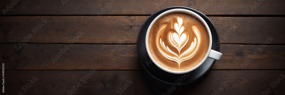 Enjoying a beautifully crafted latte art coffee on a rustic wooden table Enjoying a beautifully crafted latte art coffee on a rustic wooden table