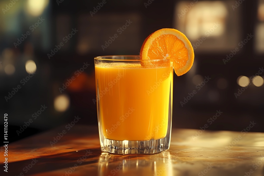 Freshly squeezed orange juice in a glass glass, in the morning light Freshly squeezed orange juice in a glass glass, in the morning light