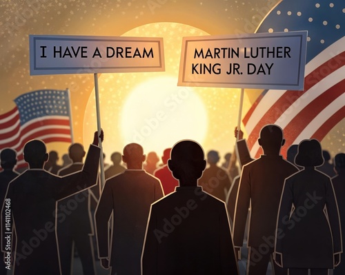 Illustration of a united crowd at sunset holding banners 