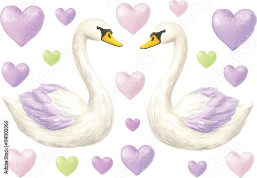 Two elegant swans face each other, surrounded by colorful hearts in various pastel shades. photo